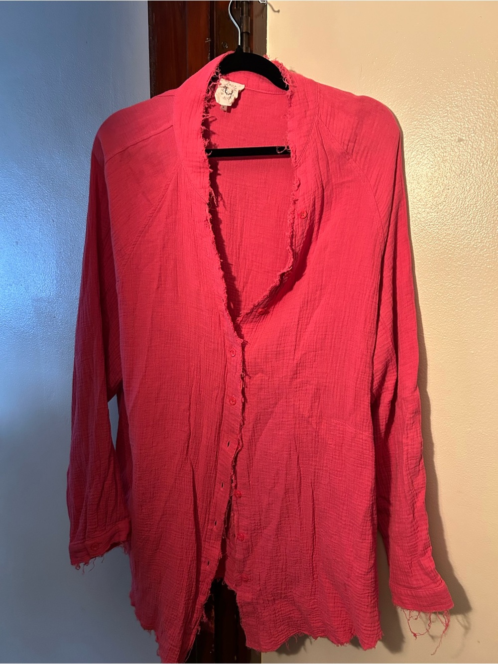 Women's Lightweight Button-Front Top in Fuchsia Pink Distressed Top